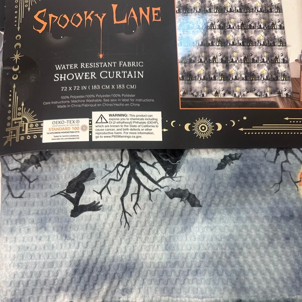 Spooky Lane Halloween Haunted House Graveyard Shower Curtain - Black and Yellow
